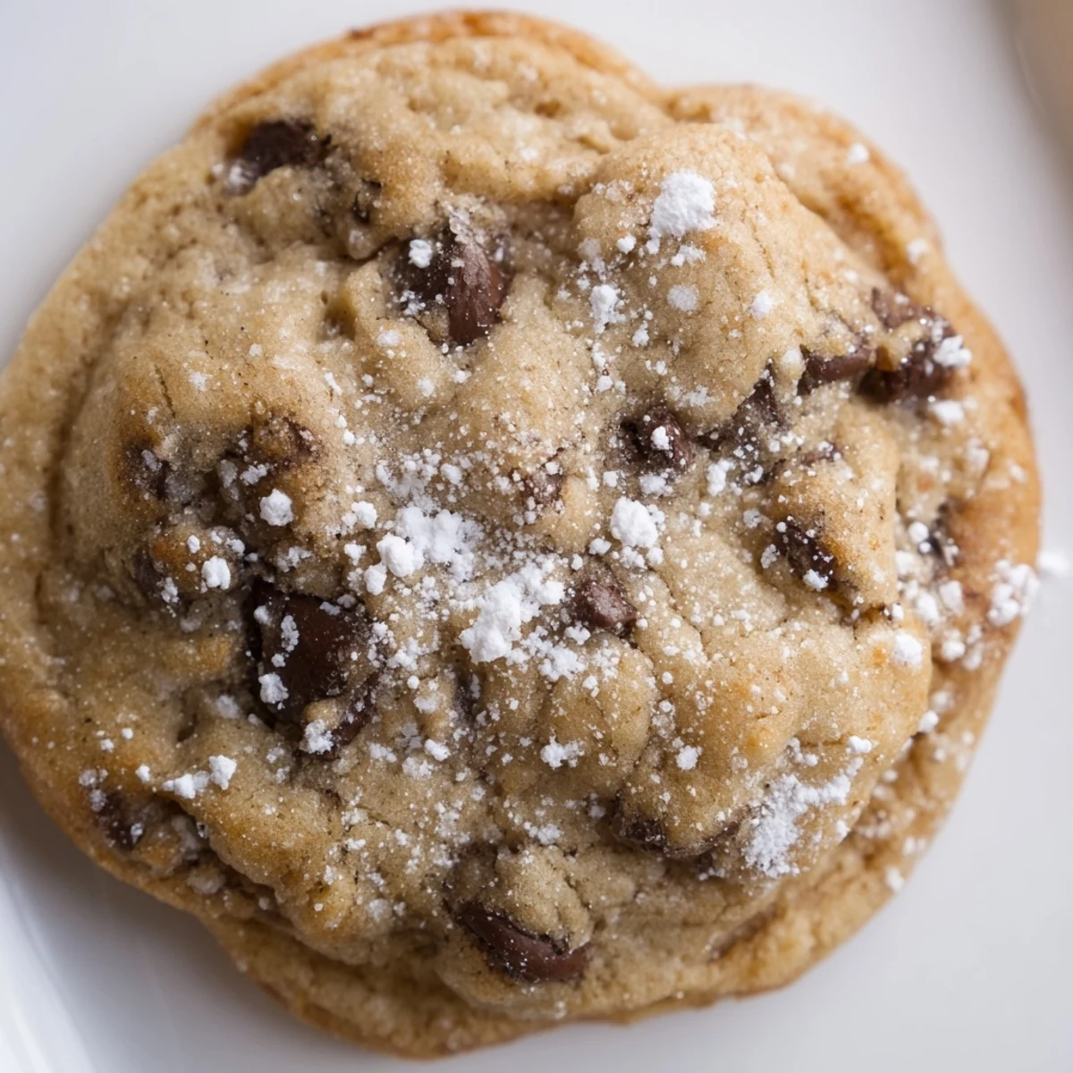 Warm Snowy Day Cinnamon Drift Chocolate Chip cookies are ready to eat, dusted with powdered sugar on a rustic wooden table. 