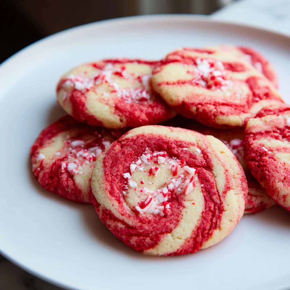 A close-up of freshly baked January Bliss Peppermint Twist Keto Cookies with a festive red swirl and sugar-free peppermint candy topping on a wire cooling rack.