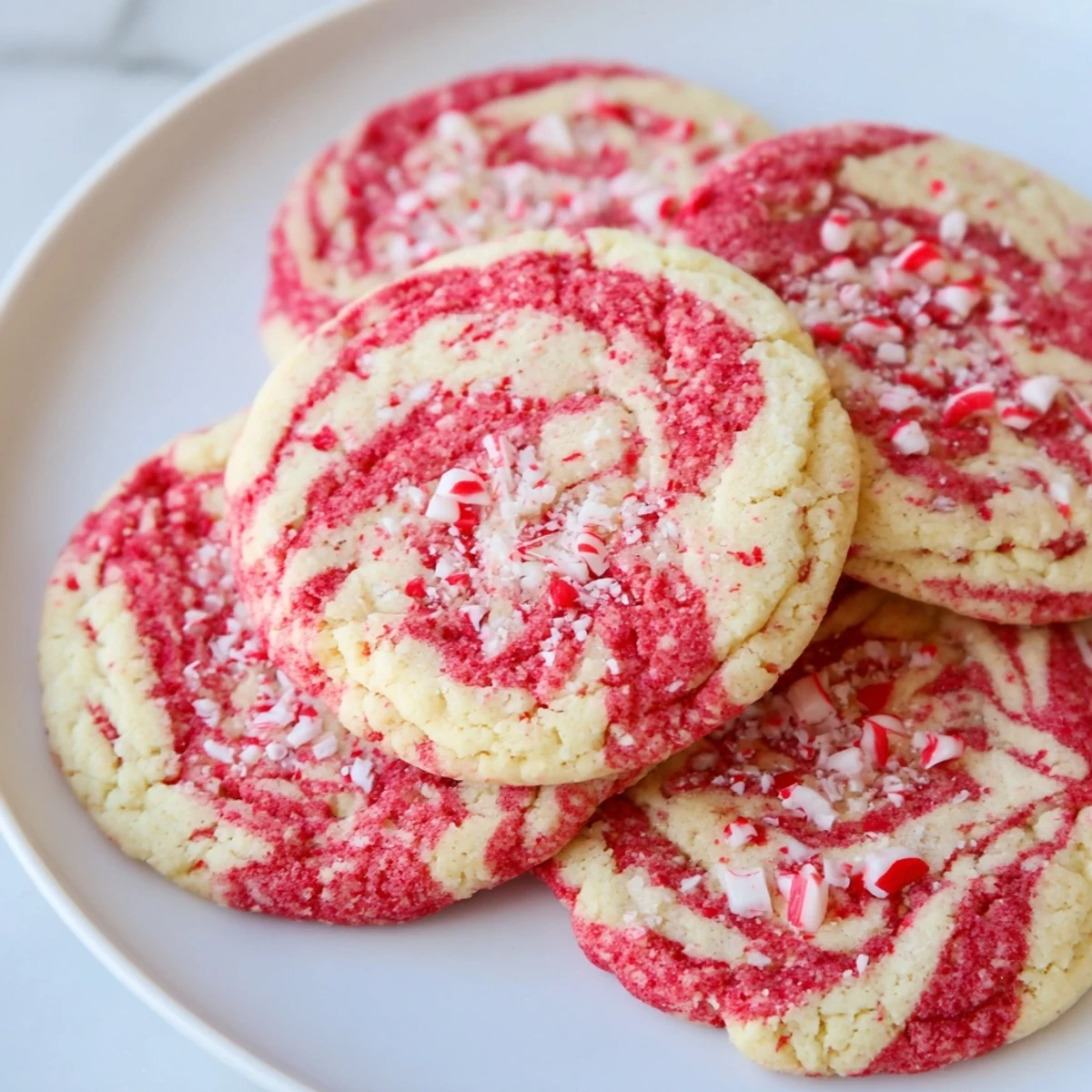 Two January Bliss Peppermint Twist Keto Cookies are stacked, revealing a tender crumb and a vibrant red swirl, perfect for a low-carb holiday dessert.