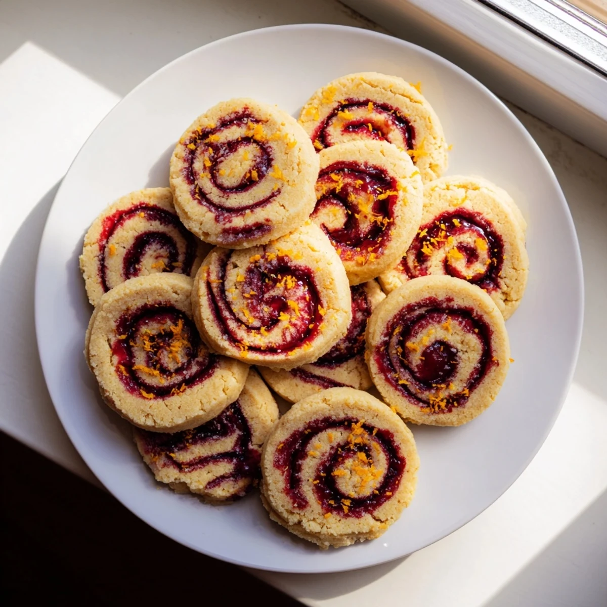 Freshly baked Holiday Glow Cranberry Swirl Vegan Cookies are arranged on a cooling rack, showing vibrant red swirls.
