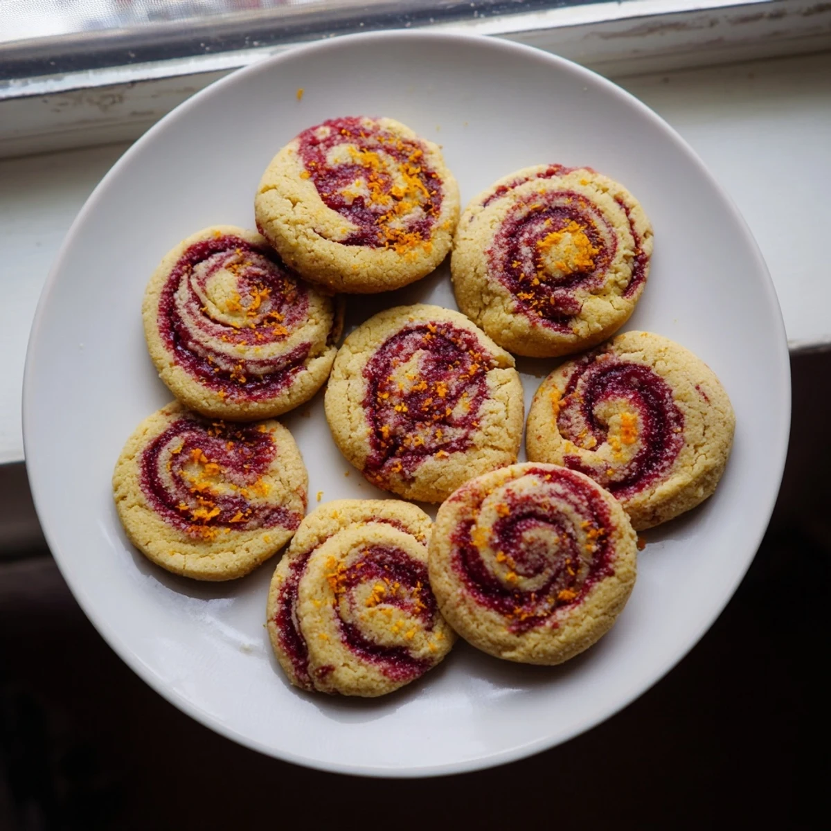 Warm Holiday Glow Cranberry Swirl Vegan Cookies are plated with a cup of tea, perfect for festive gatherings.