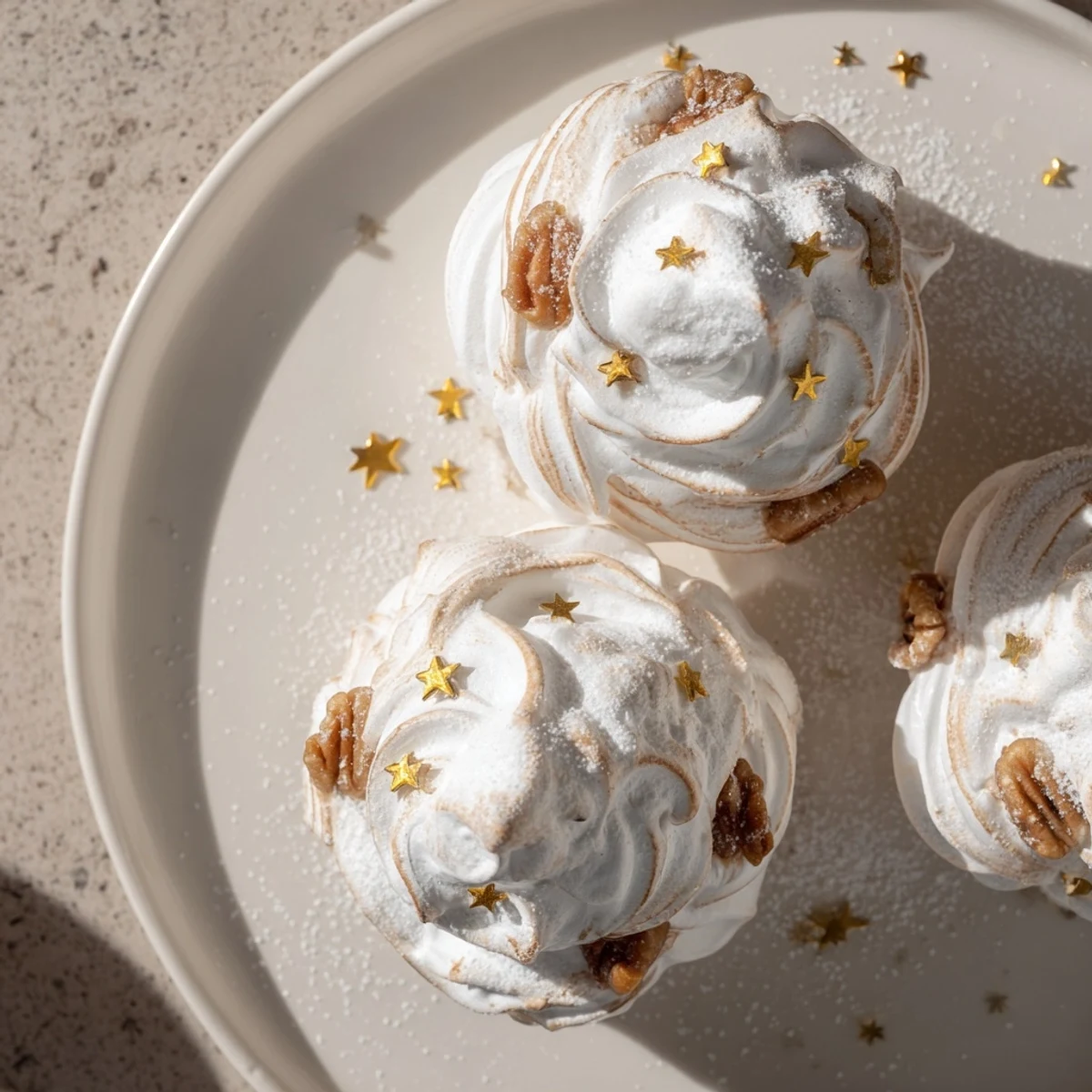 Fluffy gluten-free Winter Market Brown Sugar Snow meringue clusters studded with toasted pecans, dusted with powdered sugar for a sweet, snowy finish.  