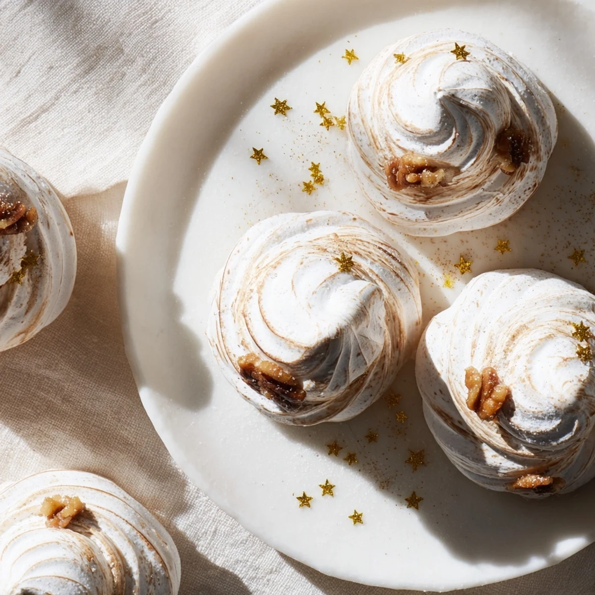 A close-up of crisp, cloud-like Winter Market Brown Sugar Snow desserts on a rustic table, garnished with edible gold stars for a festive glow.  