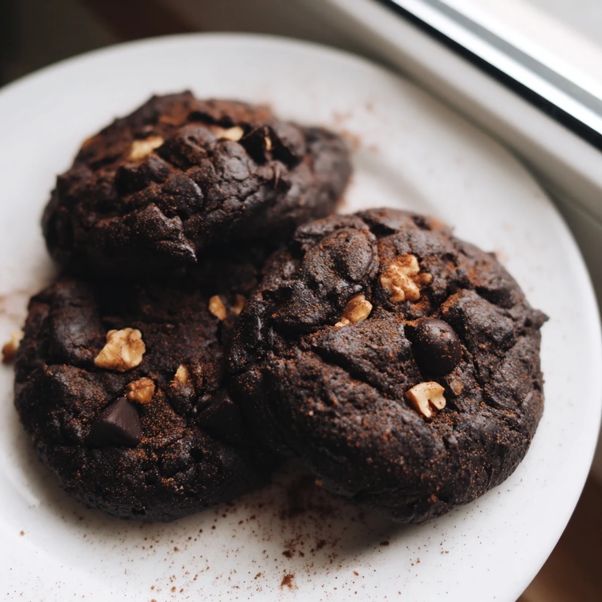 Close-up of a dark, fudgy Winter Spice Mocha Whisper Vegan Cookie held between fingers, showing melty vegan chocolate chips and a dusting of cinnamon sugar.  