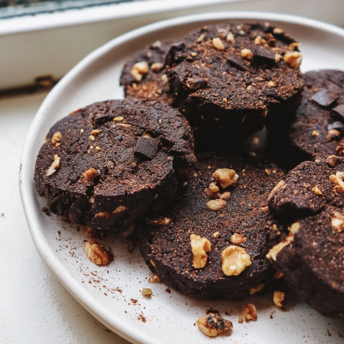 Freshly baked Winter Spice Mocha Whisper Vegan Cookies on a cooling rack, featuring cracks that reveal soft, rich cocoa interiors with visible espresso specks and chopped walnuts.  