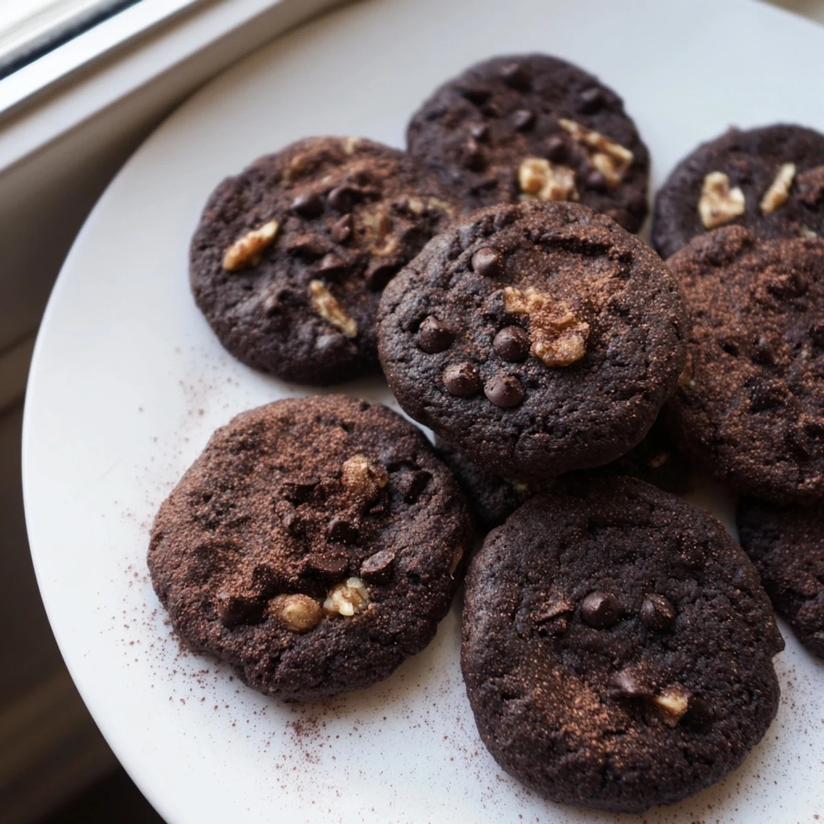 Stack of three Winter Spice Mocha Whisper Vegan Cookies on a rustic wooden board, surrounded by whole coffee beans and cinnamon sticks for a cozy winter scene.