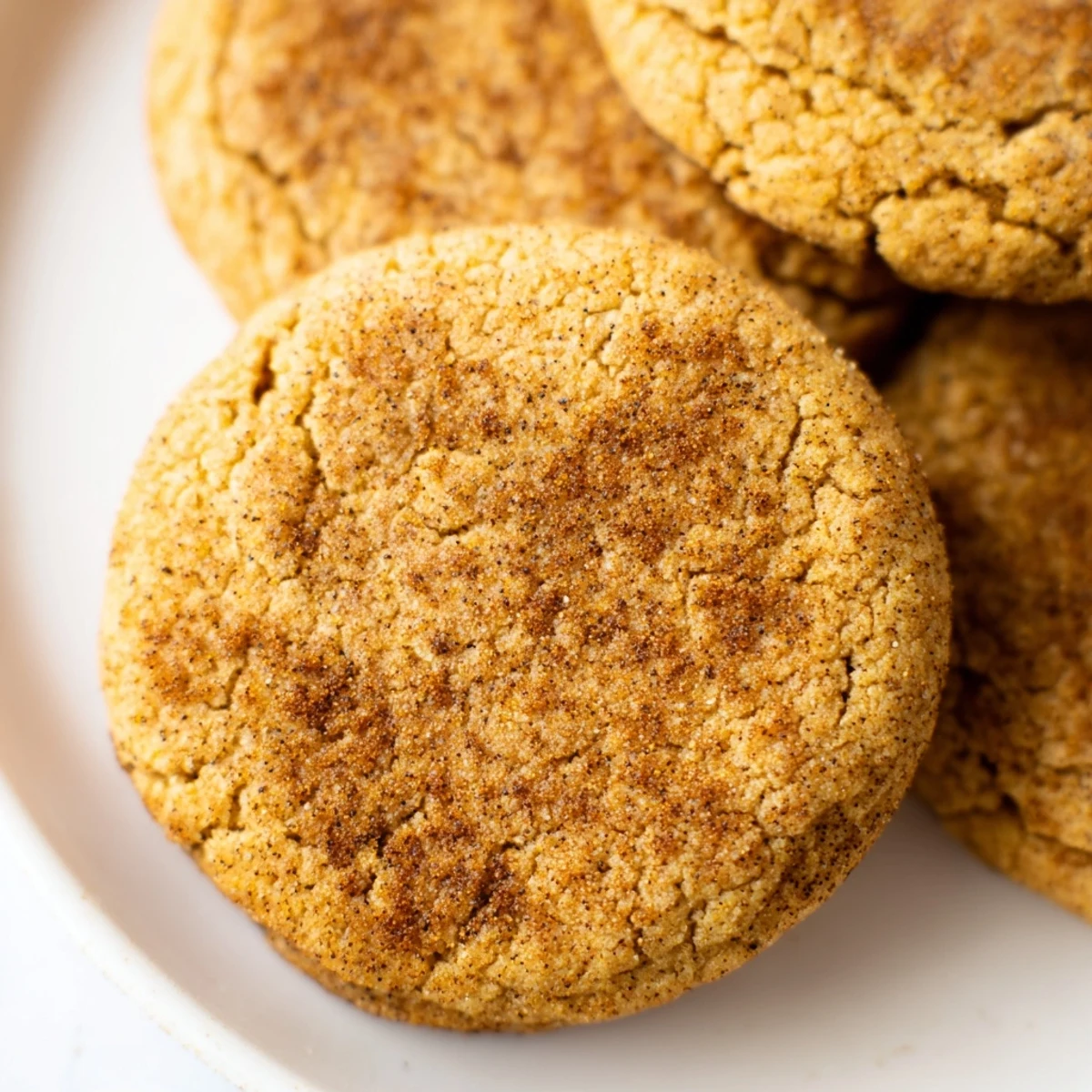 A close-up shot showcases the rich brown texture and cracked tops of Winter Warmth Cinnamon Drift Keto Cookies, dusted with cinnamon sugar.