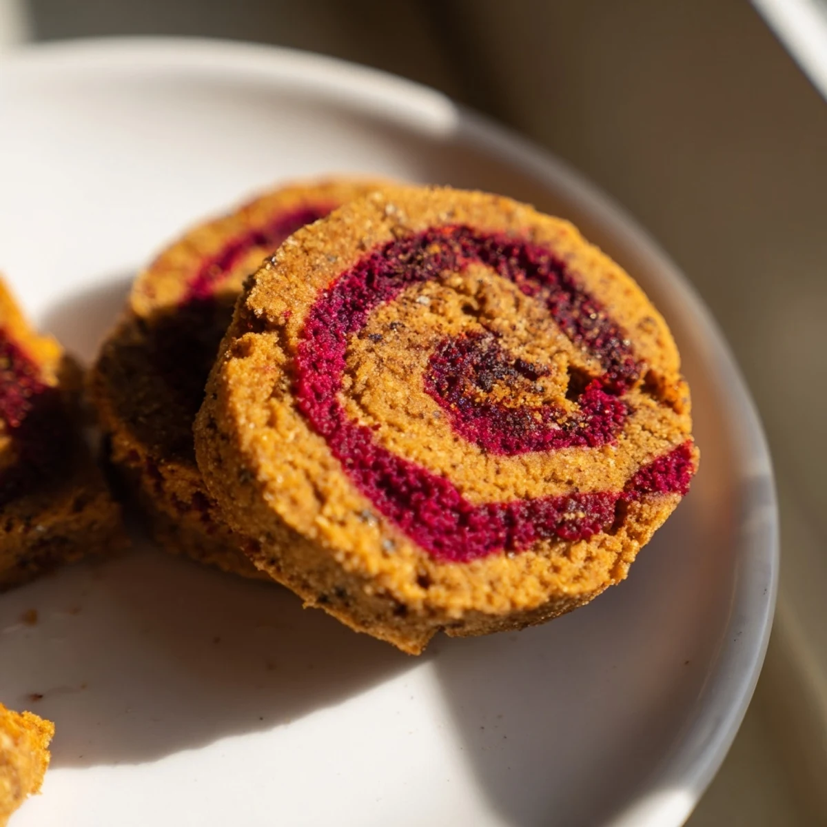 Plate of warm Winter Spice Cranberry Swirl Vegan Cookies served with a glass of almond milk, ideal for cozy winter afternoons.