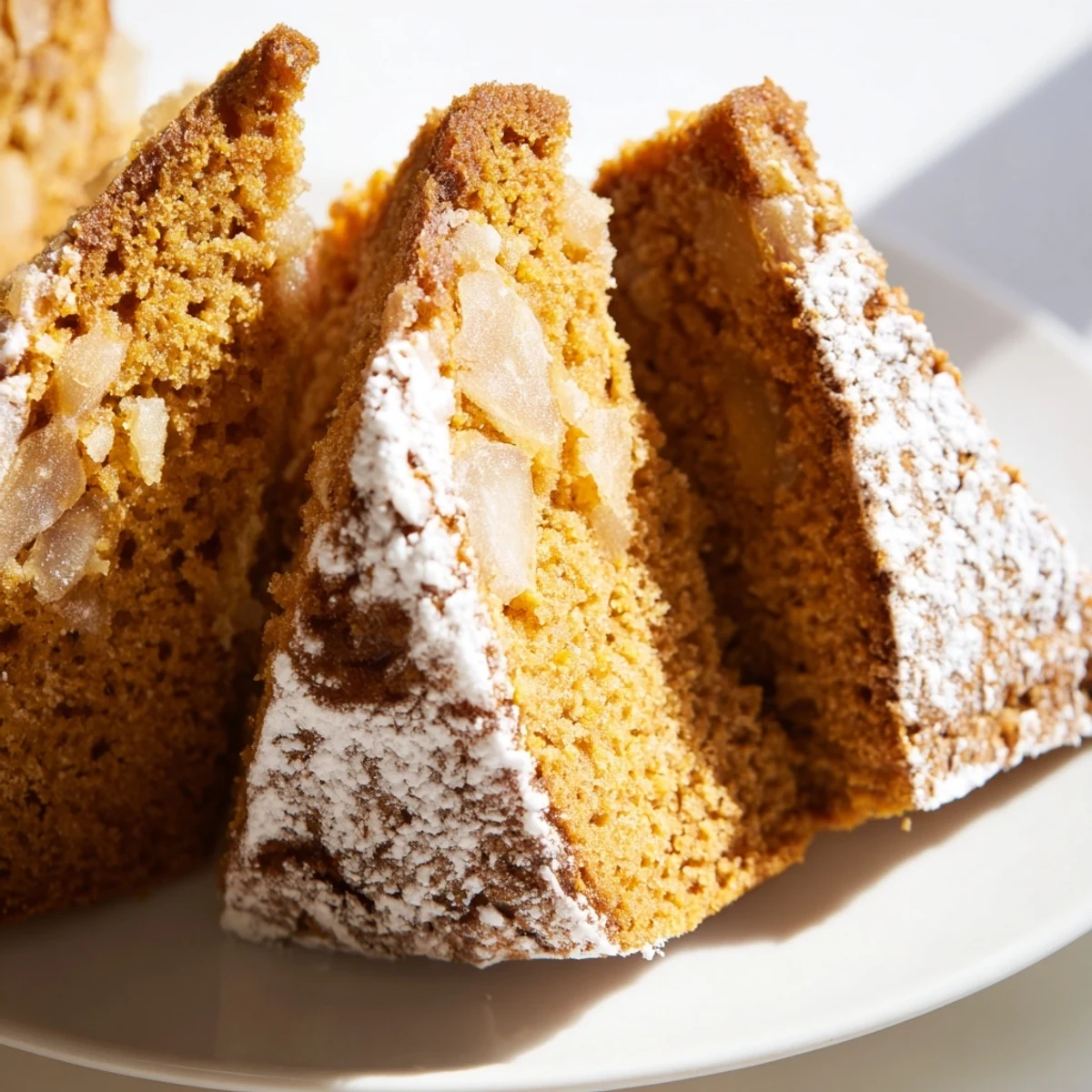 A gluten-free Winter Market Ginger Spice Cake dusted with powdered sugar, cut into a slice revealing a moist, tender crumb flecked with spices.  