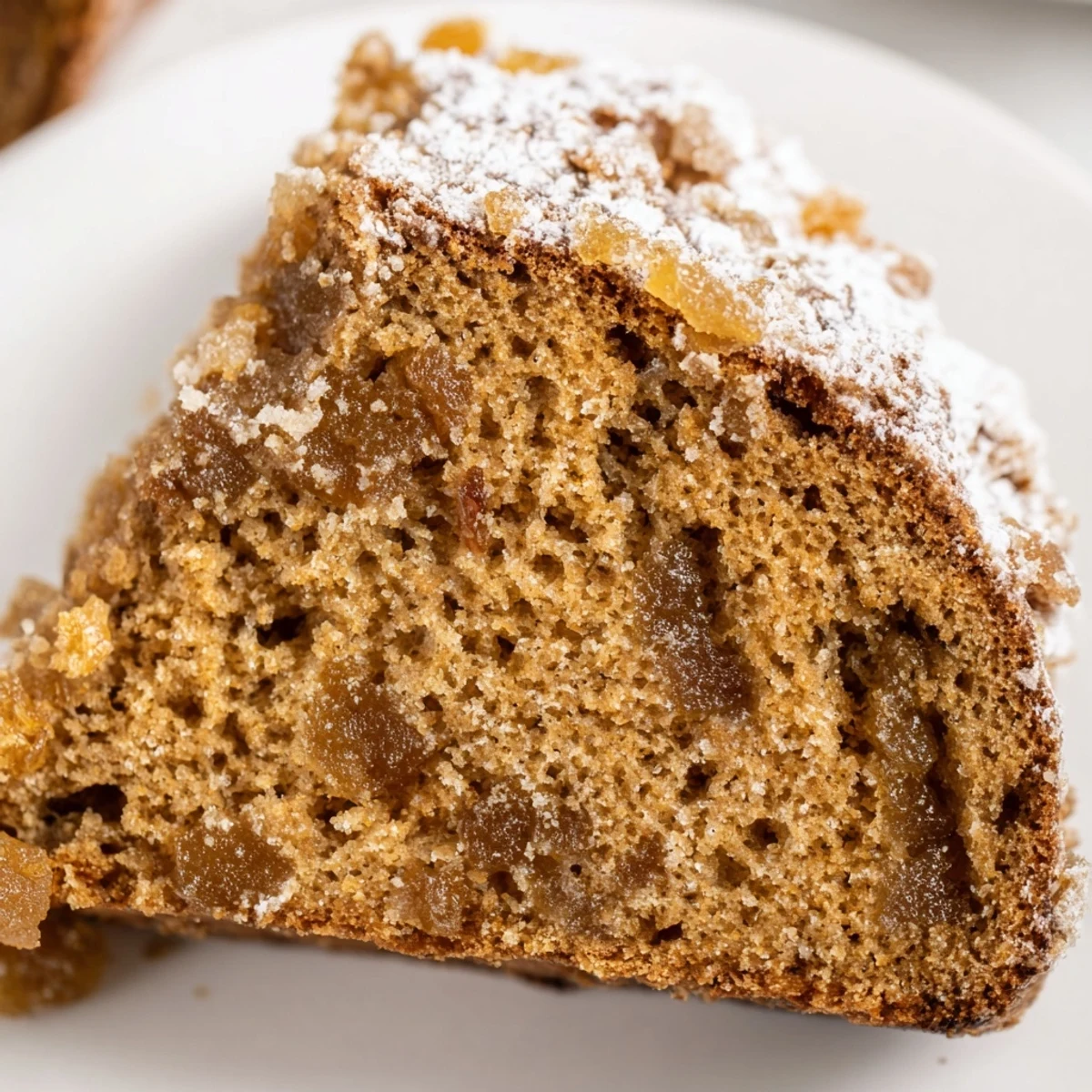 A warm slice of Winter Market Ginger Spice Cake served on a rustic plate, with a mug of spiced tea for a cozy holiday treat.  
