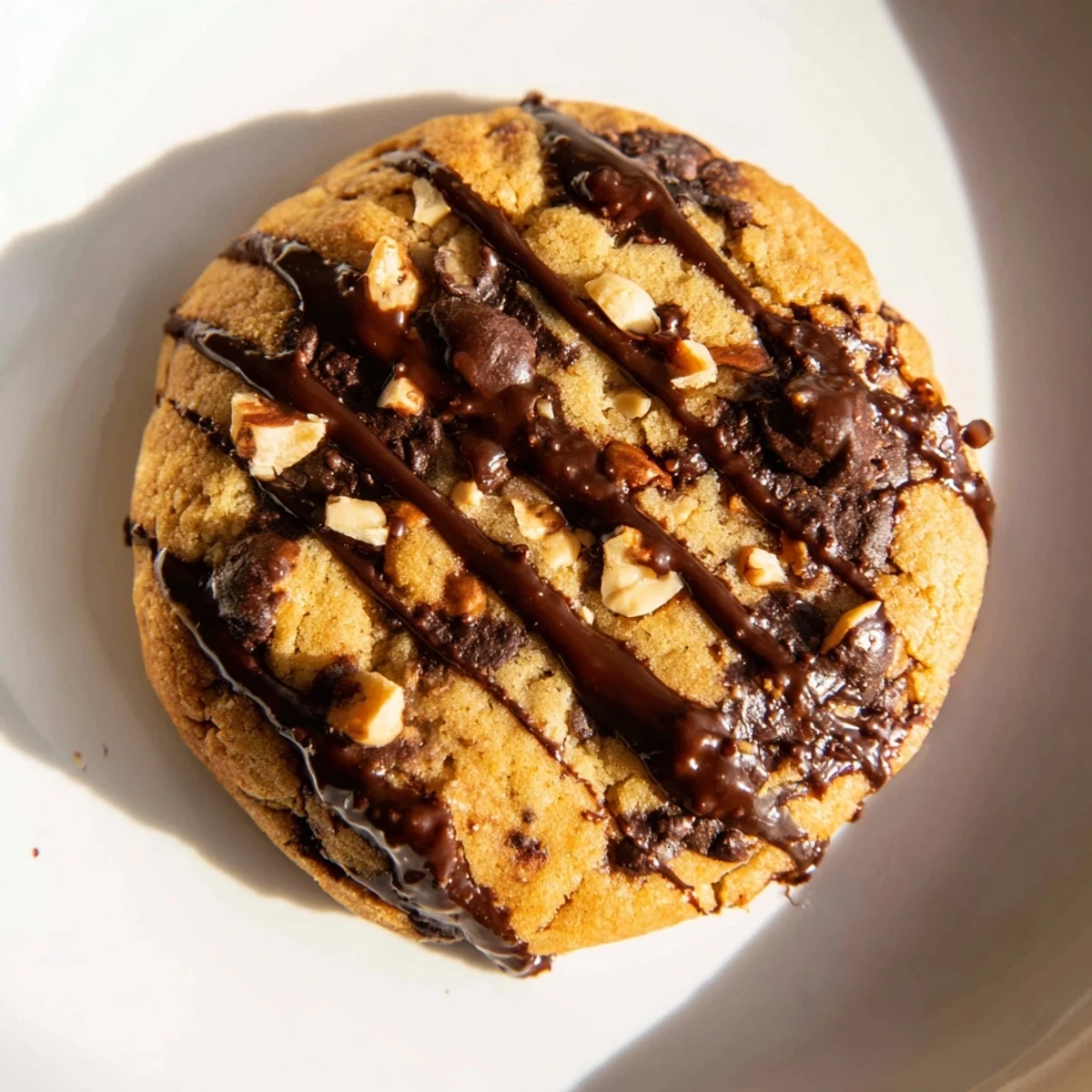 Golden-brown vegan cookies on a festive platter, featuring toasted hazelnuts and a generous drizzle of chocolate-hazelnut glaze.