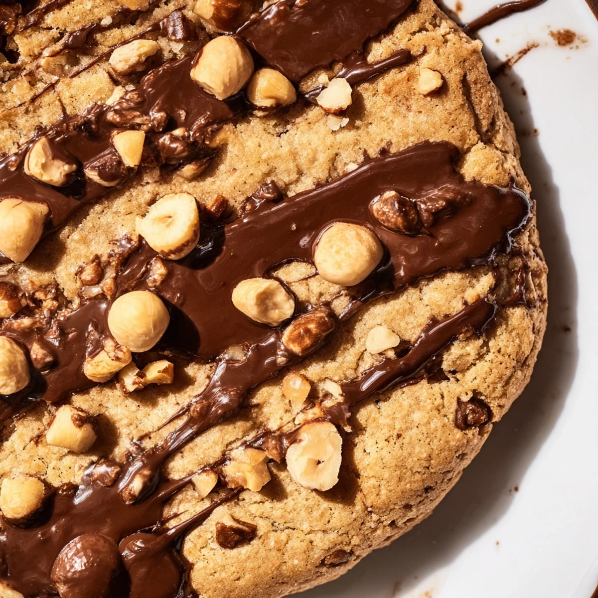 Stack of homemade vegan cookies, glossy hazelnut drizzle dripping down the sides, served alongside a glass of sparkling wine.