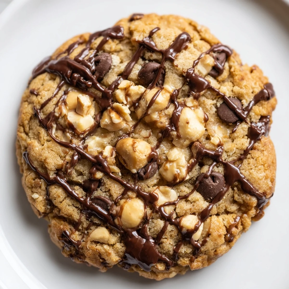 A close-up of soft, chewy New Year Celebration Hazelnut Drizzle Vegan Cookies with melted chocolate chips and nutty pieces.