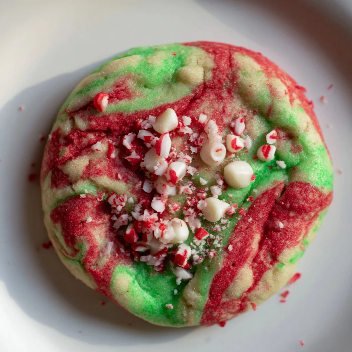 Freshly baked Holiday Glow Peppermint Twist Vegan Cookies, with a chewy texture and festive red and green swirls, topped with crushed candy canes.  