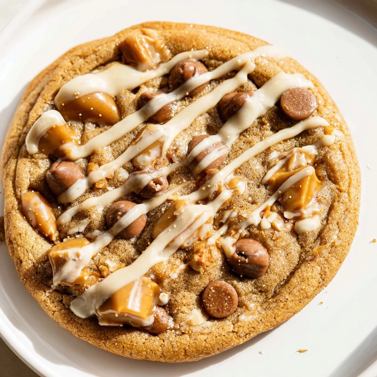 Freshly baked Winter Spice Caramel Frost Chocolate Chip cookies with a glossy drizzle and sparkling sugar on a festive plate.  