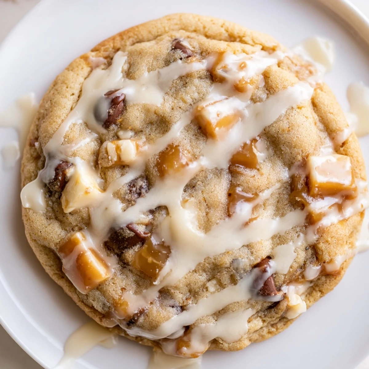 Warm Winter Spice Caramel Frost Chocolate Chip cookies stacked beside a glass of milk, featuring gooey caramel swirls inside.  