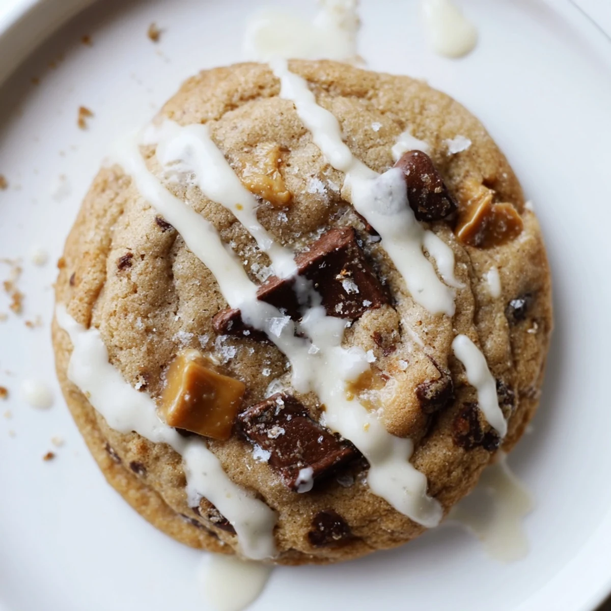 Close-up of Winter Spice Caramel Frost Chocolate Chip cookie showing a cracked top, melted chocolate, and spiced glaze.