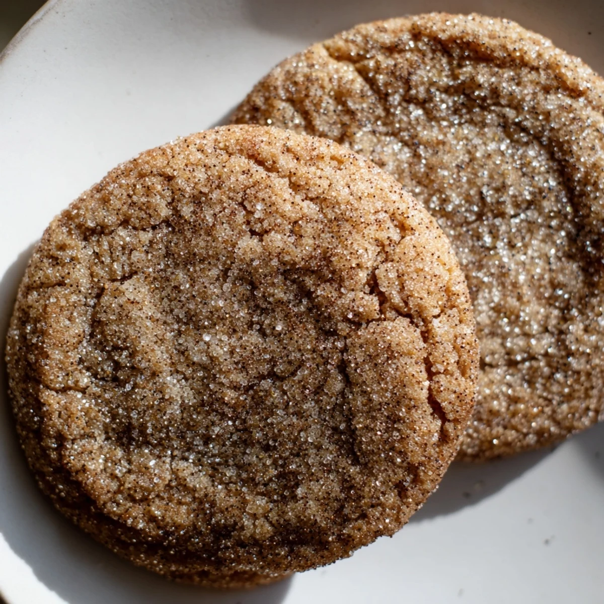 A plate of Snowy Day Ginger Spice Sugar Cookies with a sparkling sugar topping, evoking freshly fallen snow.  