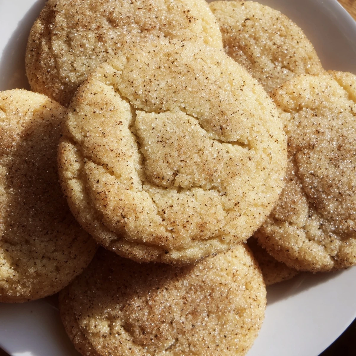 Snowy Day Ginger Spice Sugar Cookies with crackled tops and sparkling sugar, served with a warm mug of tea.  