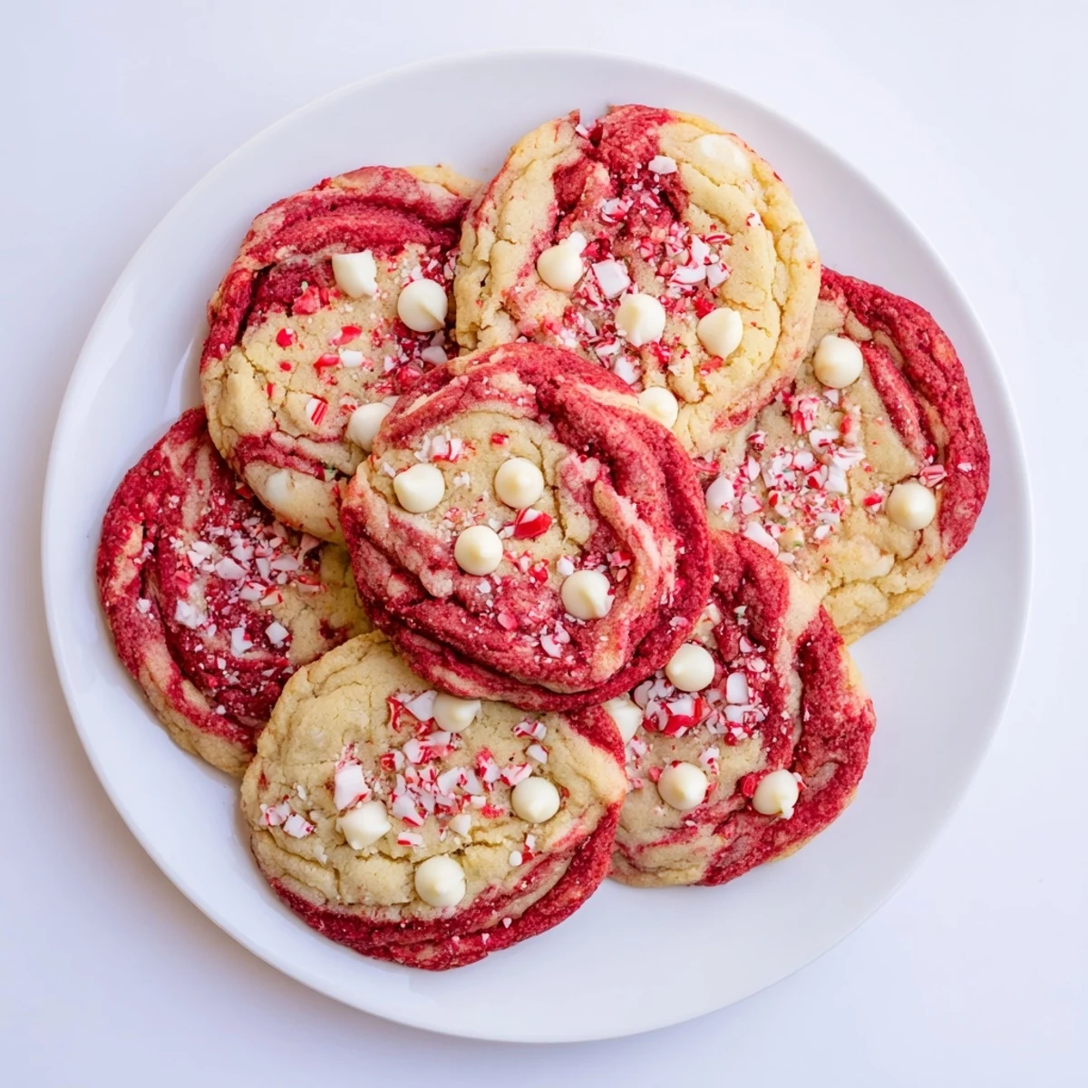 A close-up of Snowy Day Peppermint Twist Keto Cookies on a cooling rack with red and white swirls.  