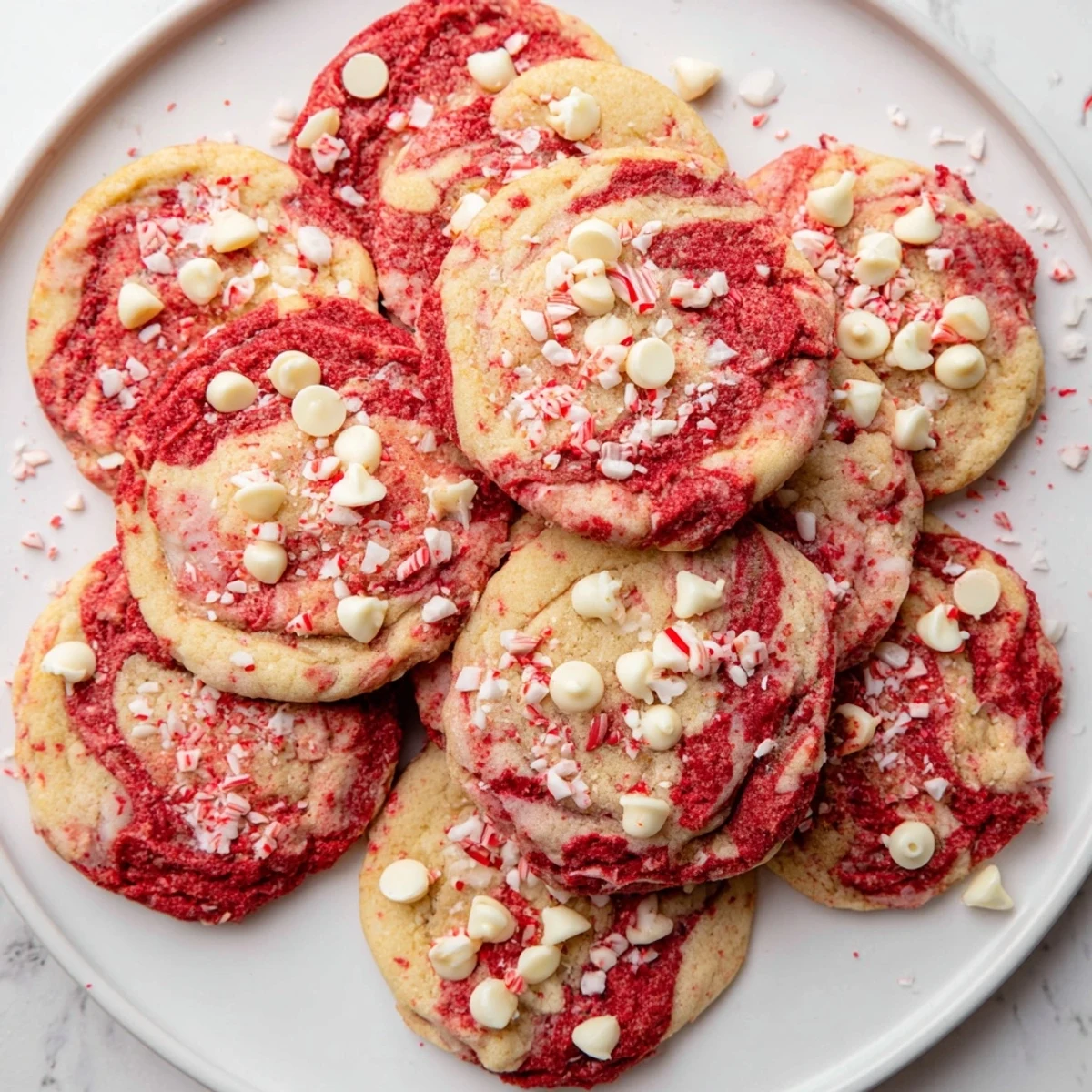 Golden-baked Snowy Day Peppermint Twist Keto Cookies garnished with crushed sugar-free peppermint candies and white chocolate chips.