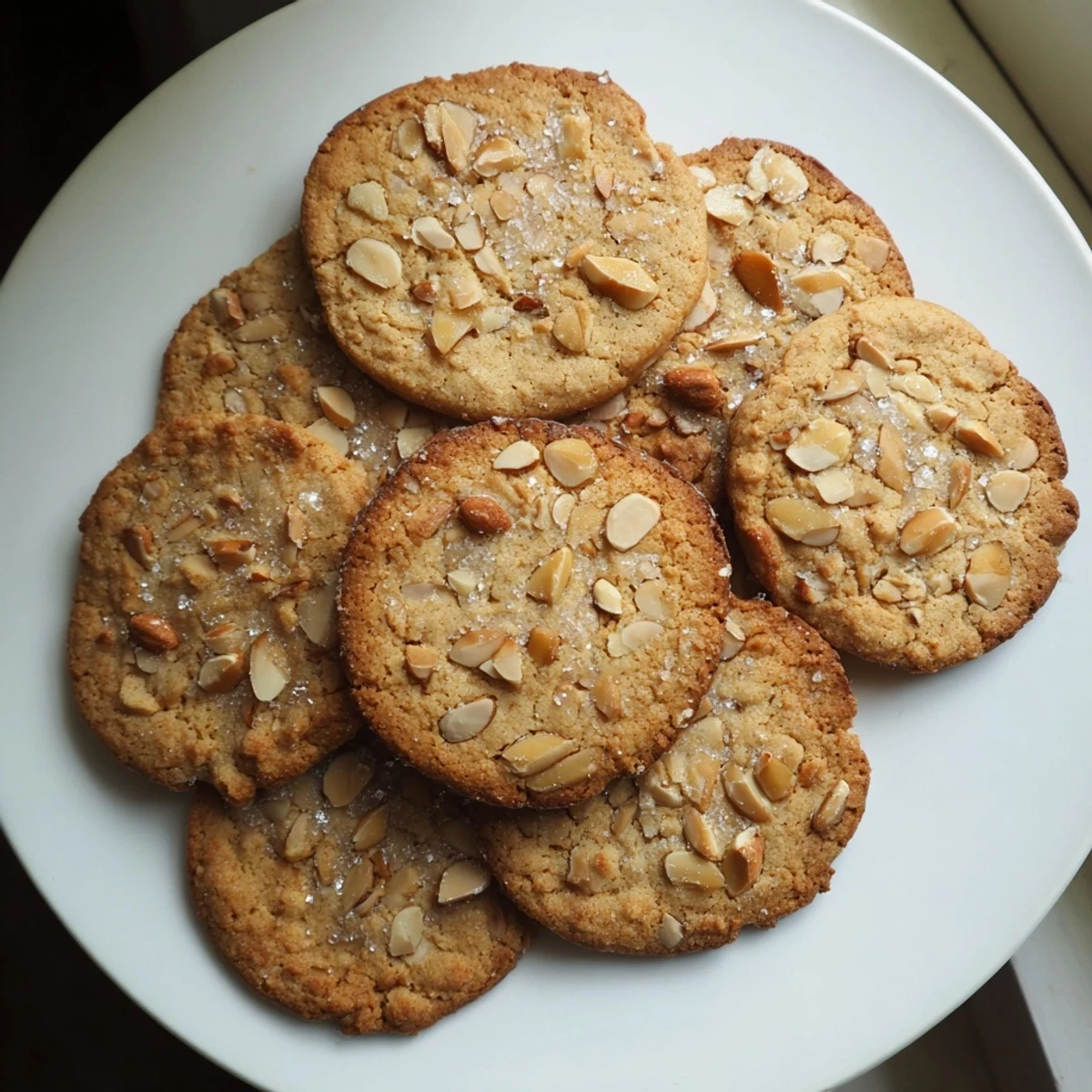 Golden, crisp New Year Celebration Toasted Almond Vegan Cookies with chopped nuts on a festive plate.