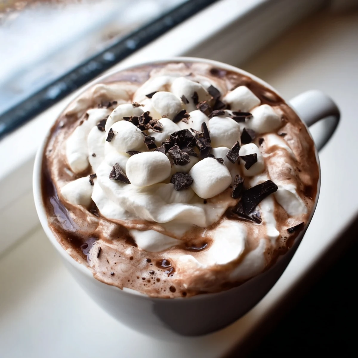Snowy Day Cocoa Burst steaming in a rustic mug, topped with fluffy whipped cream and dark chocolate shavings for a cozy treat.