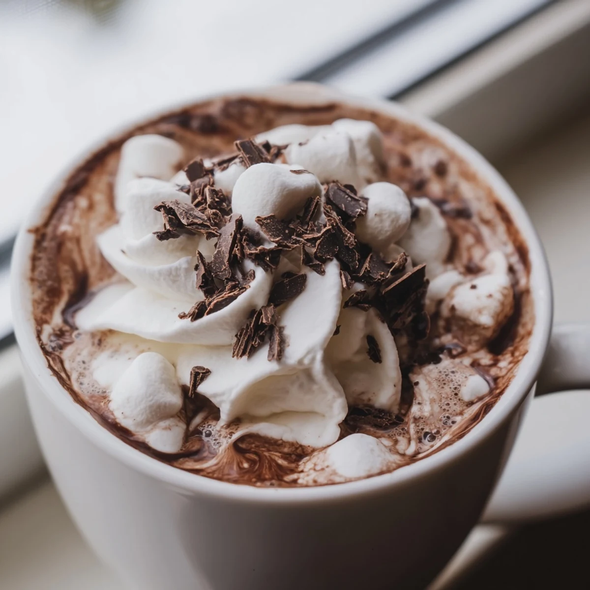 Four mugs of Snowy Day Cocoa Burst lined up on a winter table, ready to serve with whipped cream and shaved chocolate toppings.