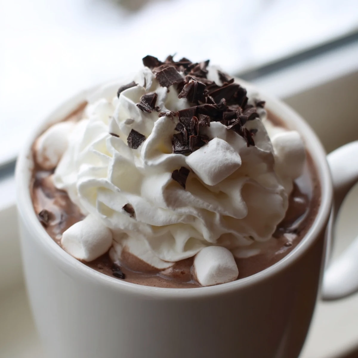 A rich, velvety glass of Snowy Day Cocoa Burst garnished with mini marshmallows, paired with a festive cookie on a wooden tray.