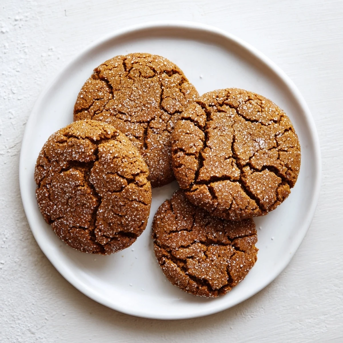 A stack of Snowy Day Ginger Spice Vegan Cookies next to a steaming mug of tea on a rustic wooden table.  