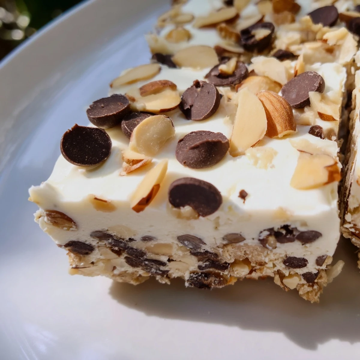 A close-up of Frosted Delight Toasted Almond Chocolate Chip bars, showcasing a chewy base with visible chocolate chips and almond pieces, all topped with a smooth vanilla frosting and extra almond garnish.  