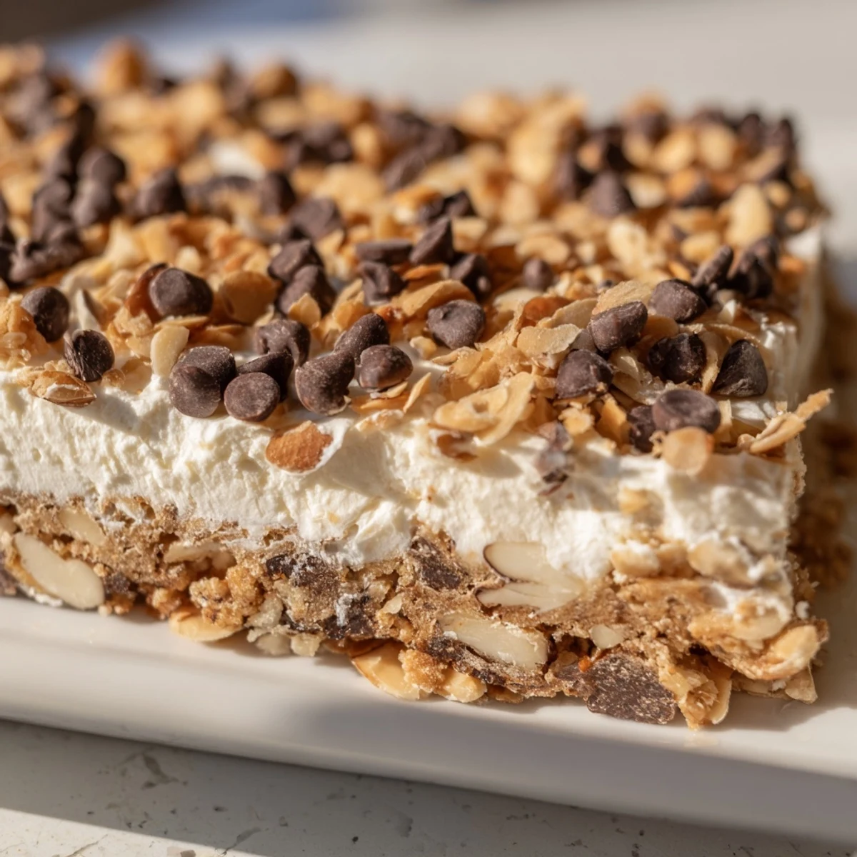 Overhead shot of Frosted Delight Toasted Almond Chocolate Chip bars, cut into neat squares on a rustic plate, with chocolate chips and toasted almonds scattered around for a homey presentation.