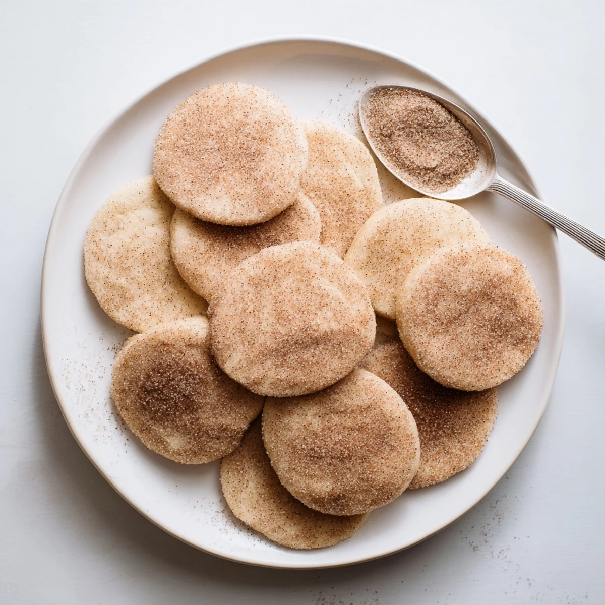 A plate of Winter Spice Cinnamon Drift Sugar Cookies with a delicate cinnamon sugar coating and warm spice aroma.