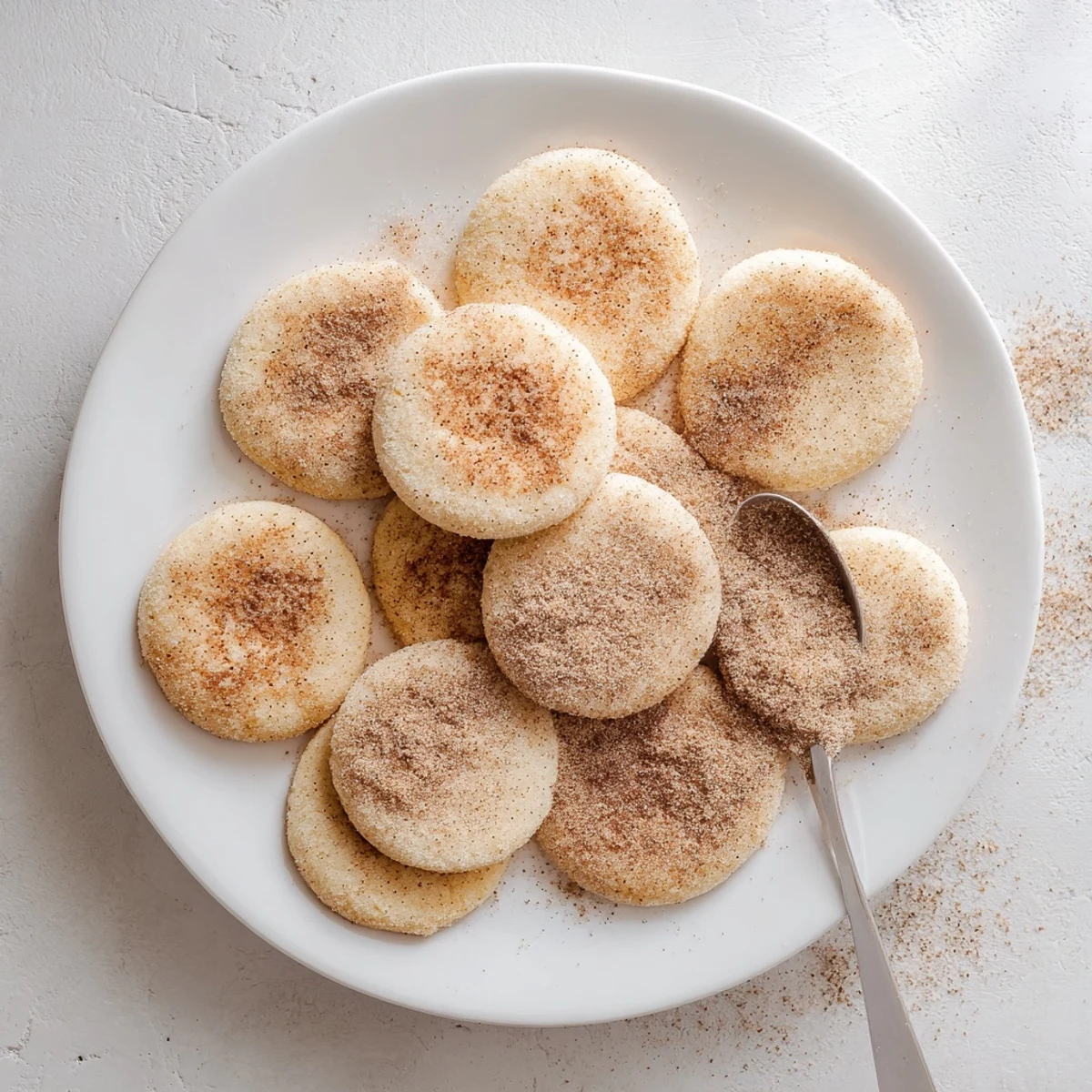 Close-up view of the thin, crisp edges and pale golden centers of these Winter Spice Cinnamon Drift Sugar Cookies.