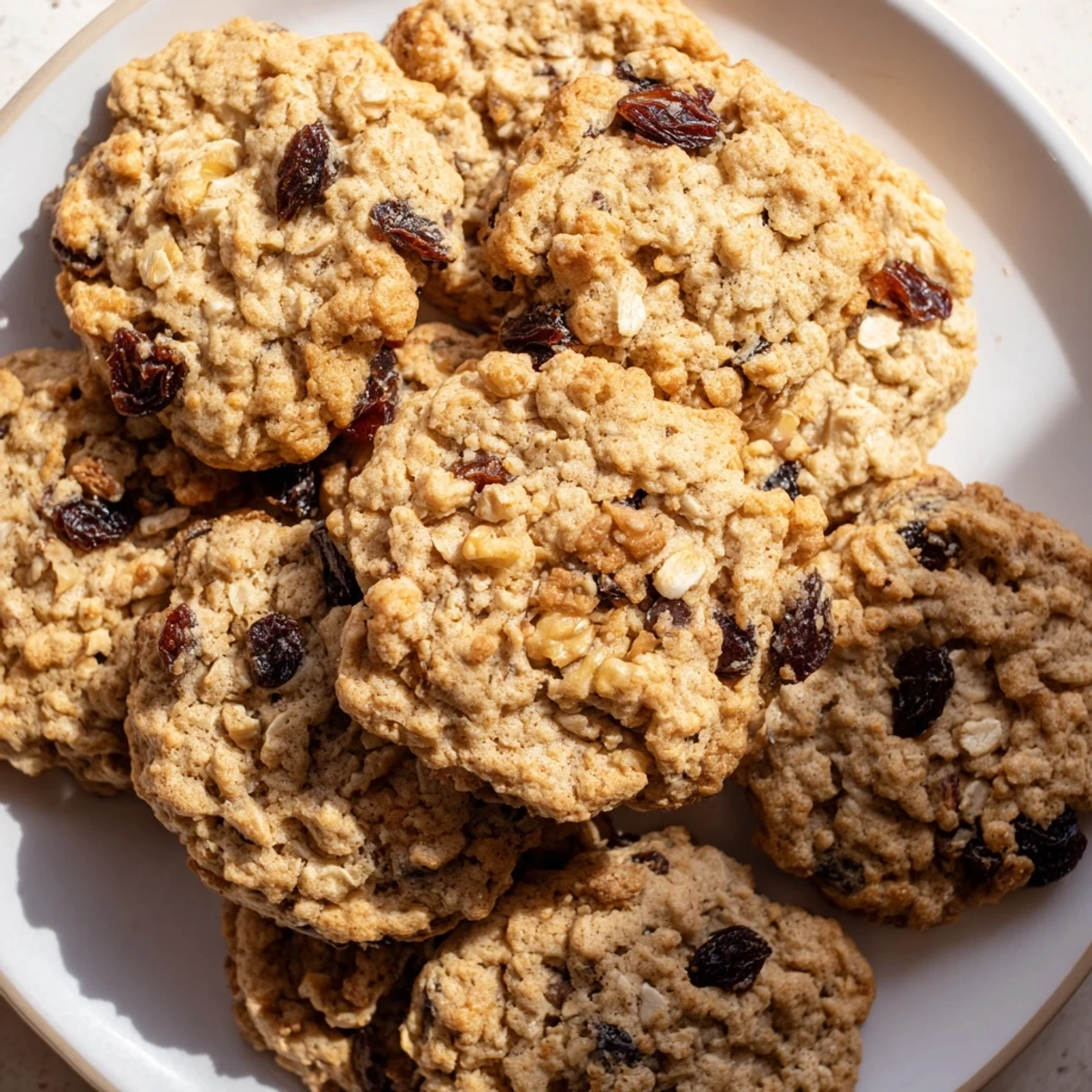 A batch of freshly baked Holiday Glow Cinnamon Drift Oatmeal Raisin cookies arranged on parchment paper with warm, gooey raisins.  