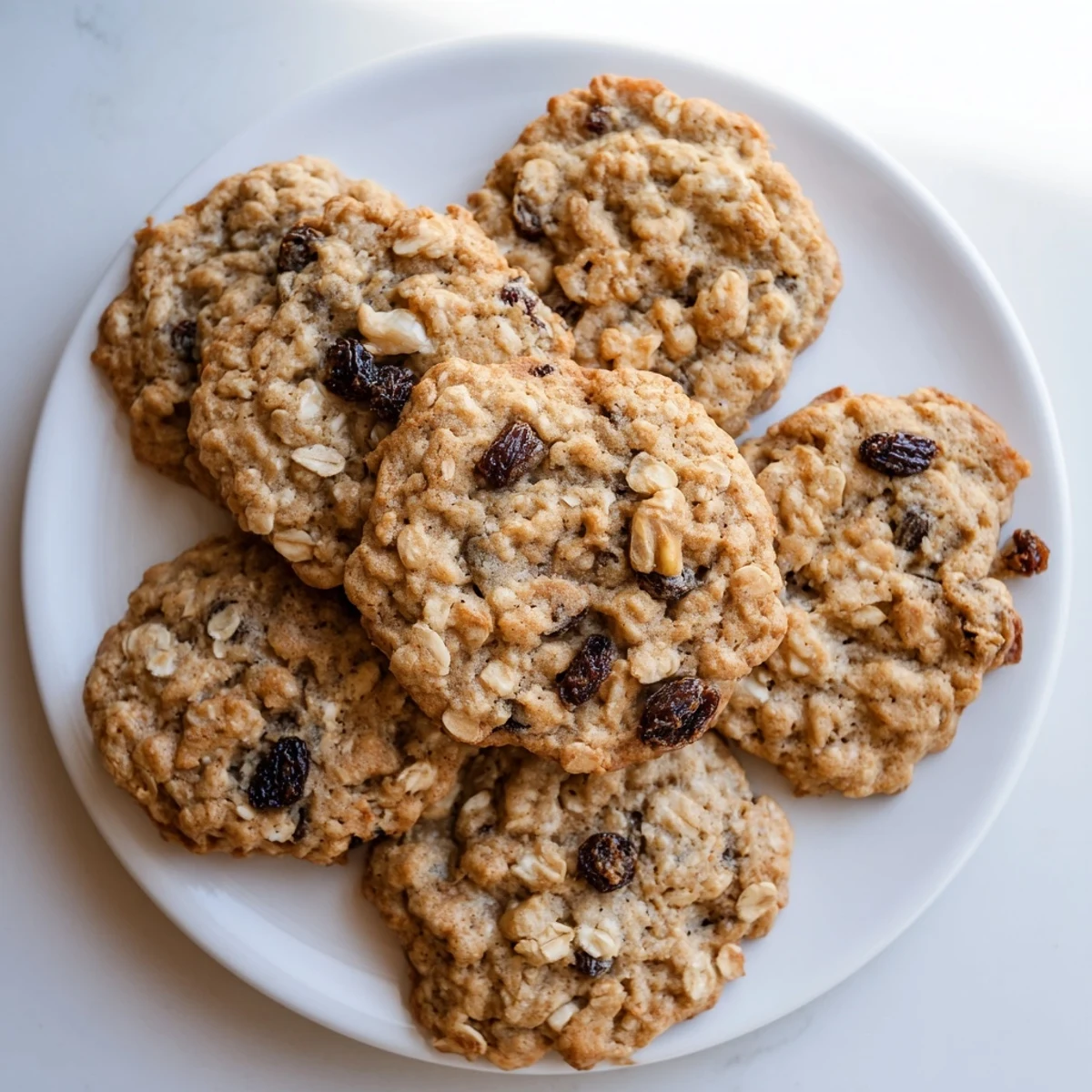 Freshly baked Holiday Glow Cinnamon Drift Oatmeal Raisin cookies with golden edges, piled high on a rustic wooden serving board.