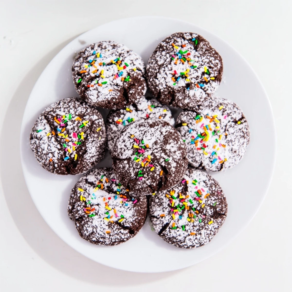 A close-up view of freshly baked Winter Market Cocoa Burst Sugar Cookies, dusted with powdered sugar and festive sprinkles.