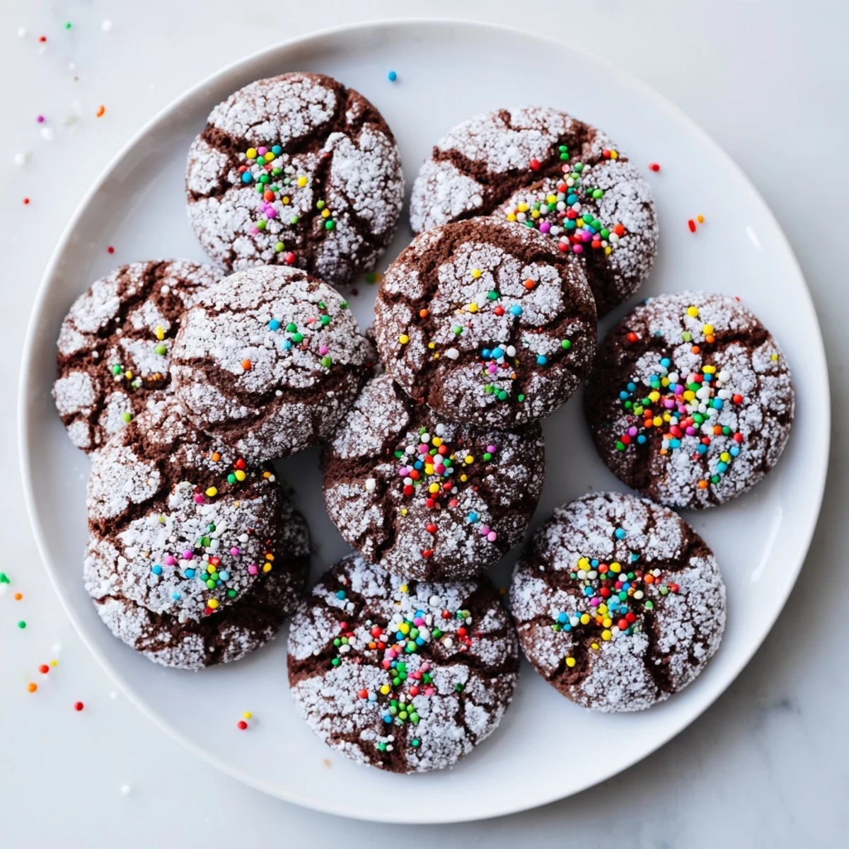 Winter Market Cocoa Burst Sugar Cookies are arranged on a wire cooling rack, their crackled tops glistening slightly.