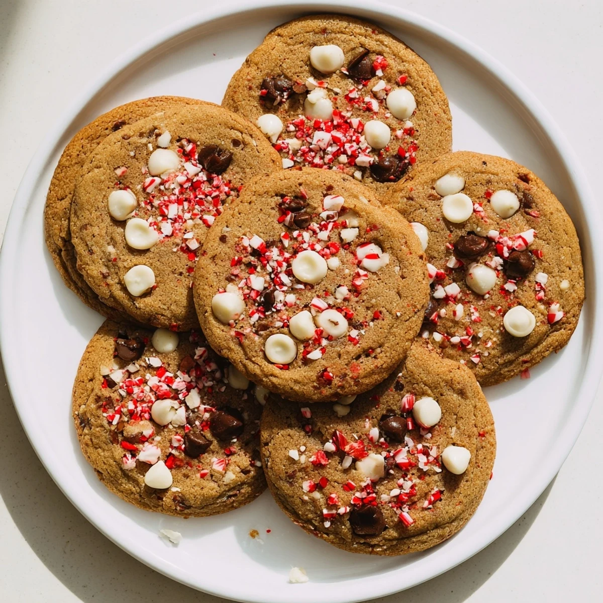 A plate of Winter Market Peppermint Twist cookies showcases glossy melted chocolate and sparkling crushed peppermint candy on a rustic wooden table.