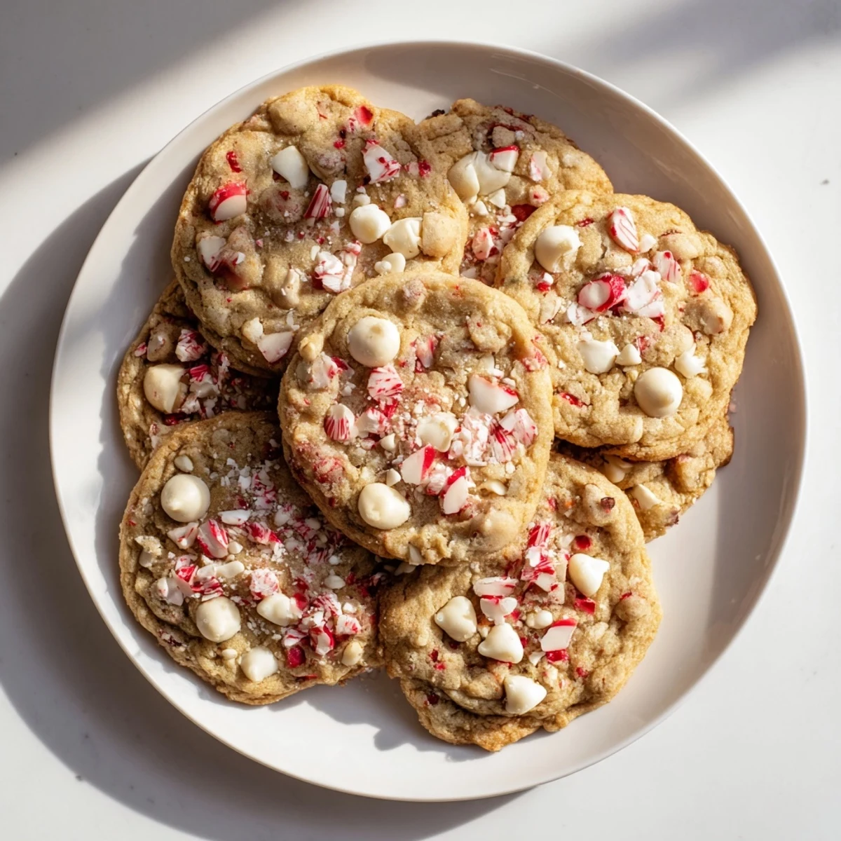 Two stacked Winter Market Peppermint Twist cookies reveal gooey chocolate chips and peppermint bits, perfect for holiday dessert platters.