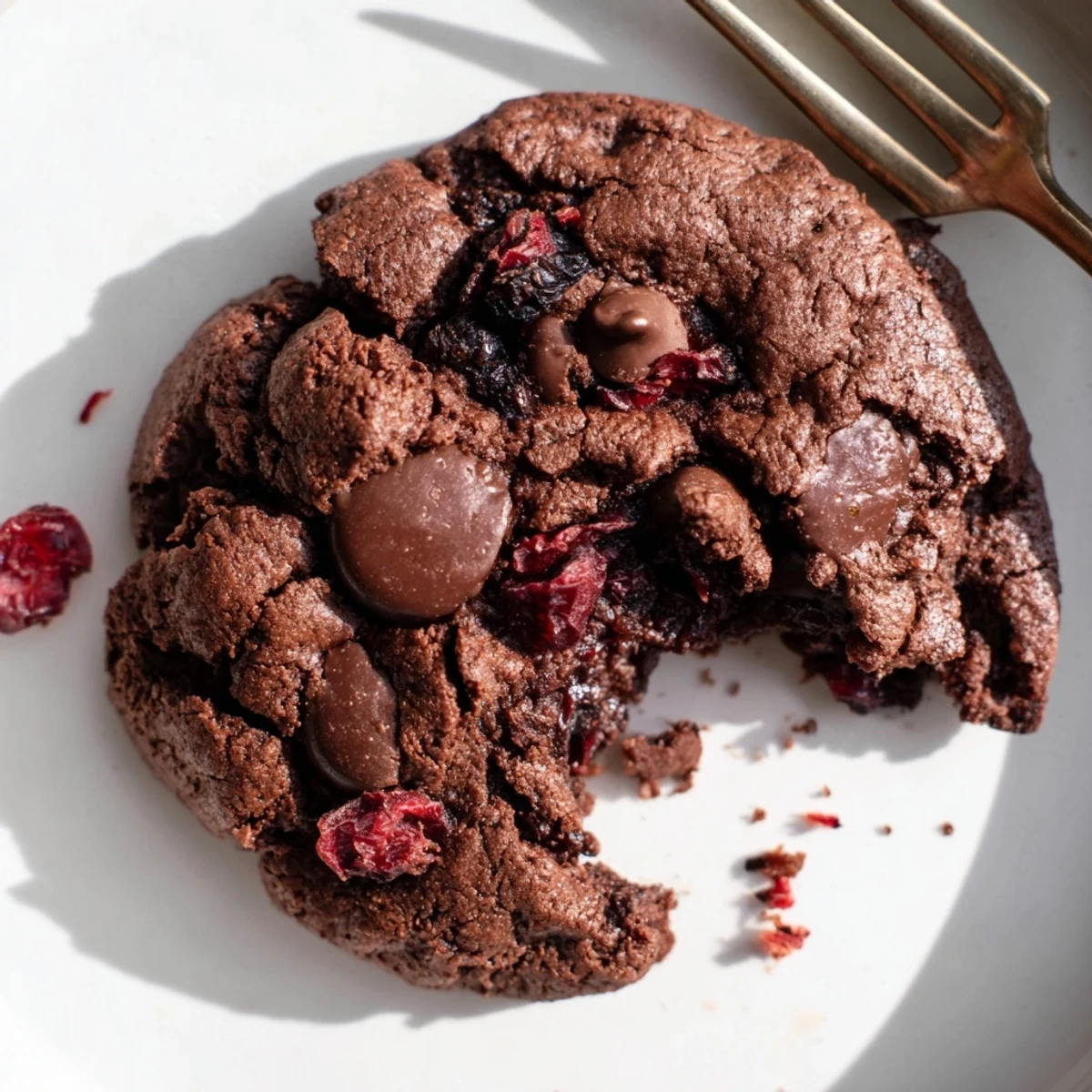 Perfectly baked Holiday Glow Cocoa Burst Vegan Cookies with visible chocolate chips and dried cranberries on a wooden board.  