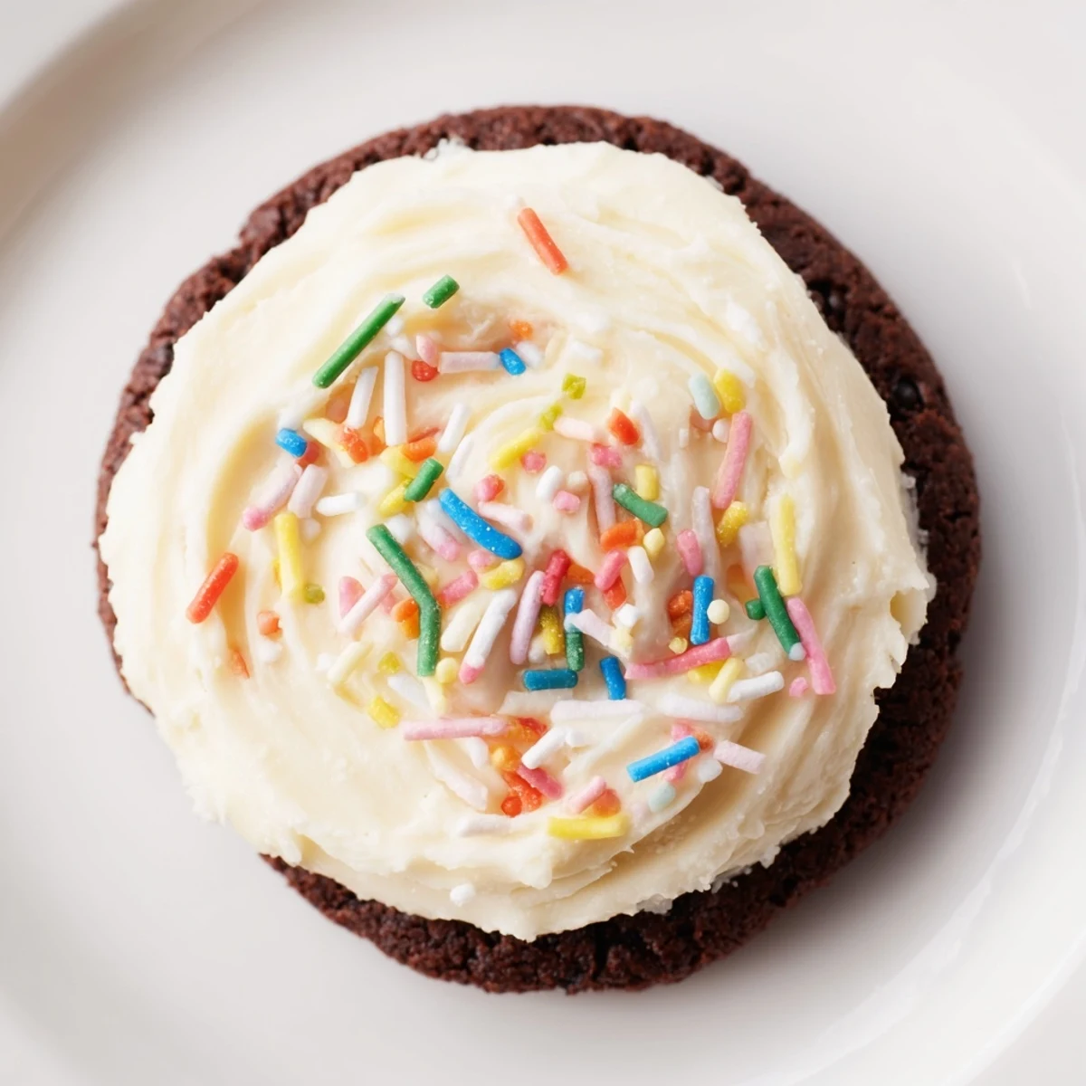 A stack of Frosted Delight Cocoa Burst Sugar Cookies on a rustic wooden board, showcasing soft chocolate centers and creamy vanilla frosting with colorful sprinkles.