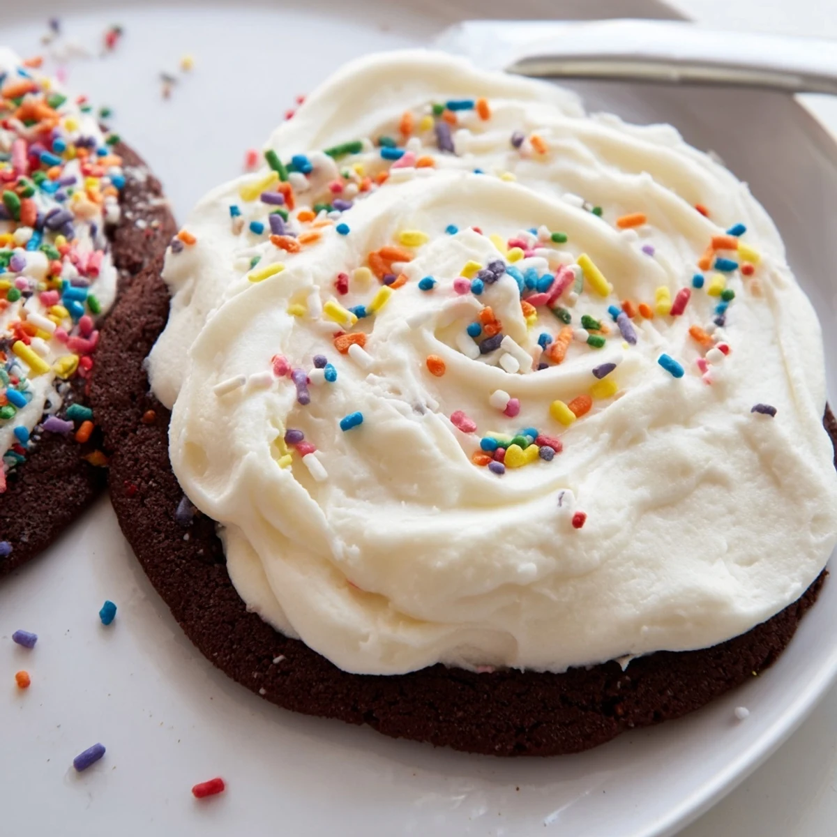Freshly baked Frosted Delight Cocoa Burst Sugar Cookies topped with smooth vanilla frosting and rainbow sprinkles, ready for an afternoon dessert treat.