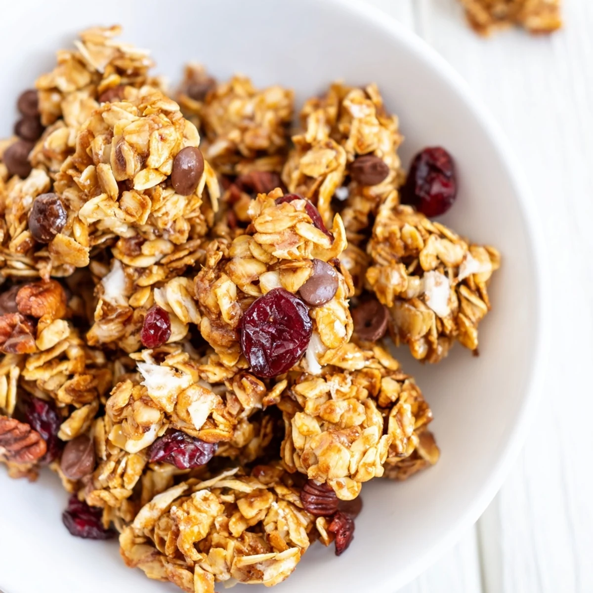 A close-up of gluten-free Fireplace Treat Maple Dream clusters studded with pecans and shredded coconut, served on a rustic wooden board.  