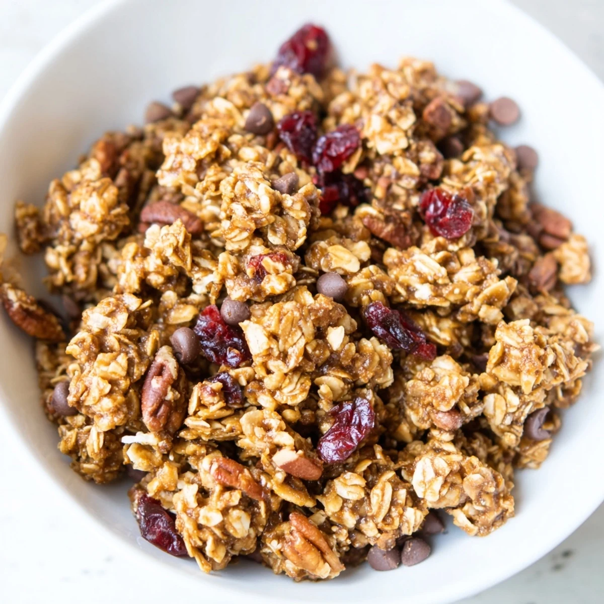 Cozy rustic plate of Fireplace Treat Maple Dream clusters, garnished with dried cranberries and mini chocolate chips beside a steaming mug.