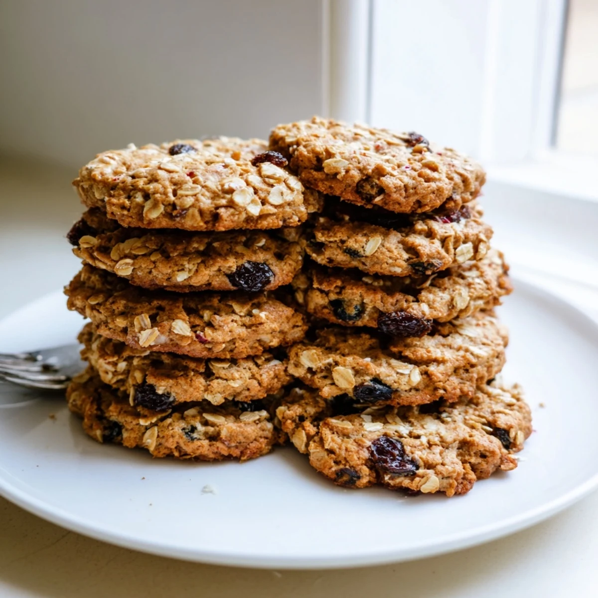 A close-up of warm Winter Warmth Peppermint Twist Oatmeal Raisin Cookies with crushed candy canes glistening on a festive plate.