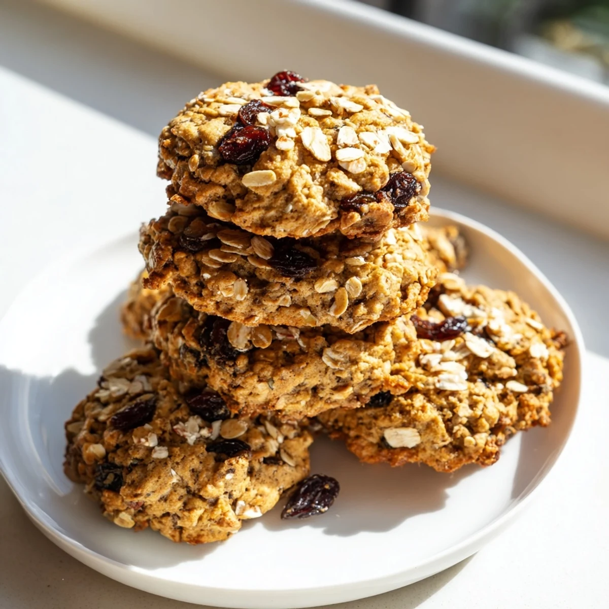 Stack of chewy Winter Warmth Peppermint Twist Oatmeal Raisin Cookies, highlighting the raisins and sparkling peppermint pieces.