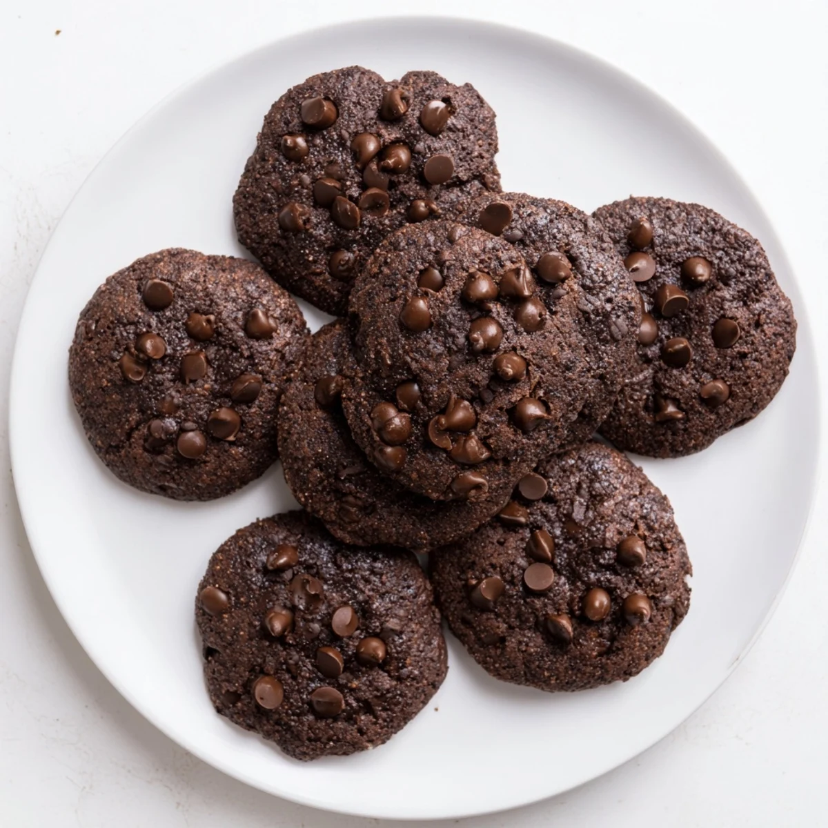 Freshly baked New Year Celebration Mocha Whisper Chocolate Chip cookies with melty chocolate chips, stacked on a cooling rack.