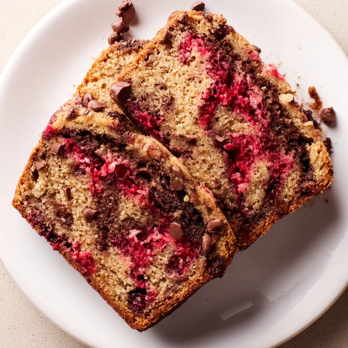 Winter Spice Cranberry Swirl Chocolate Chip Loaf with a moist, tender crumb and rich marbled pattern.