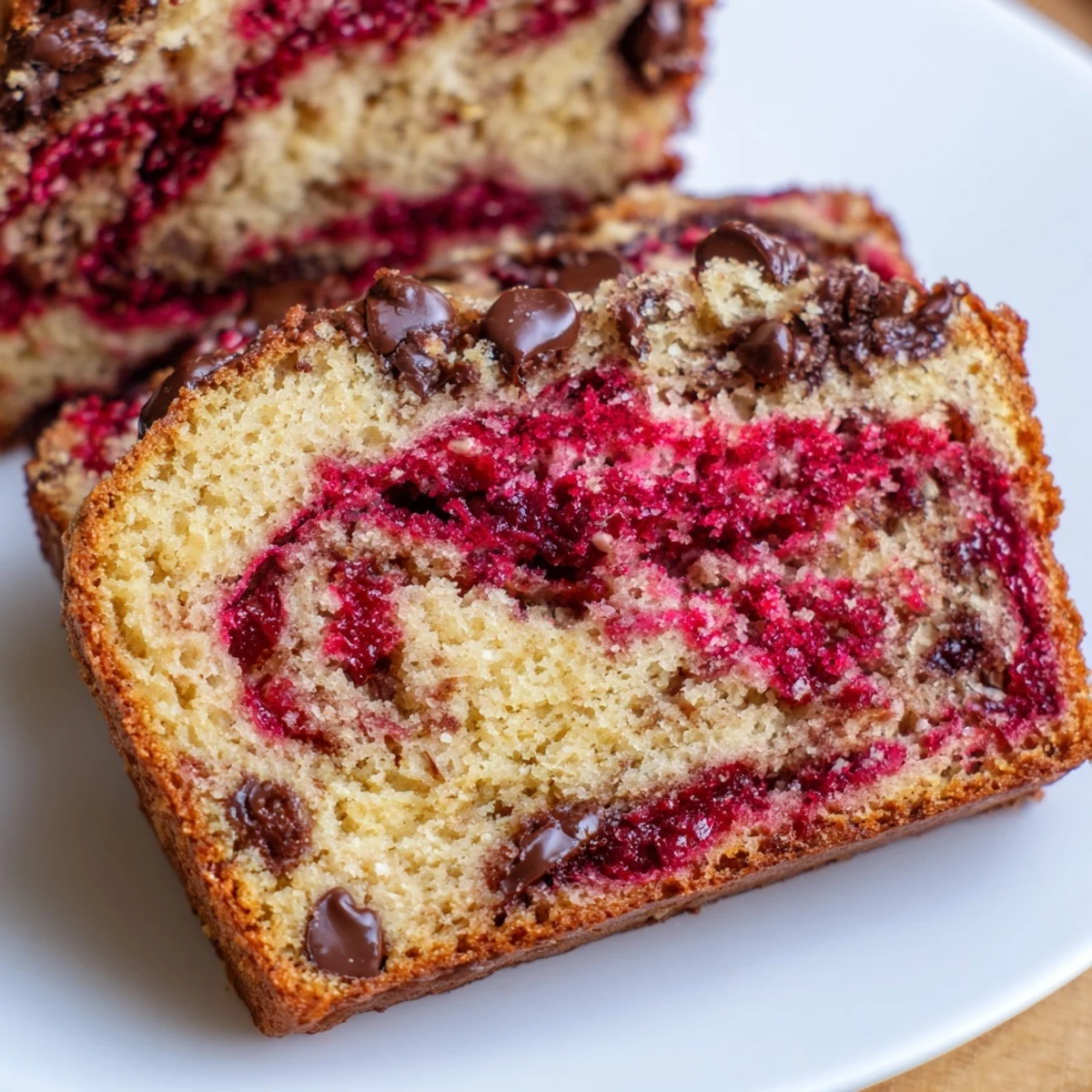 A thick slice of Winter Spice Cranberry Swirl Chocolate Chip Loaf, revealing melty chocolate chips and tart cranberry swirls.